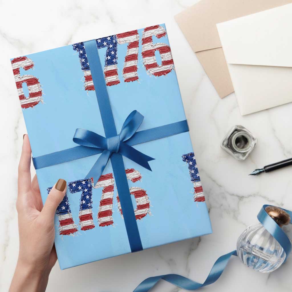 Distressed Faux Patchwork 1776 USA Flag Wrapping Paper Roll Vintage Effect Printing Patriotic Graphic 4th Of July Independence Day