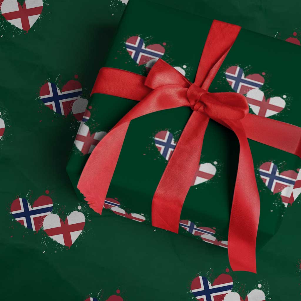 Distressed Norway and England Crossed Flags Dual Heart Graphic Wrapping Paper Roll Love Half Norwegian Half English Pride