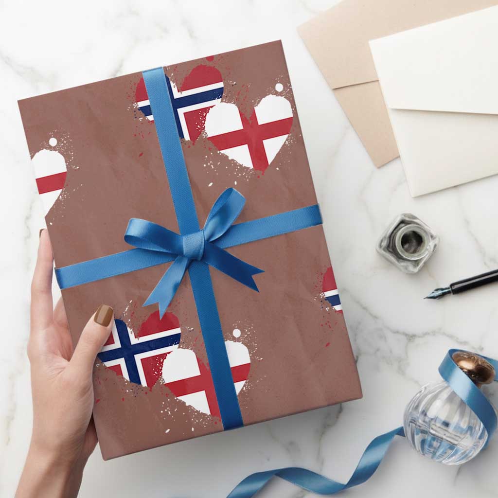 Distressed Norway and England Crossed Flags Dual Heart Graphic Wrapping Paper Roll Love Half Norwegian Half English Pride