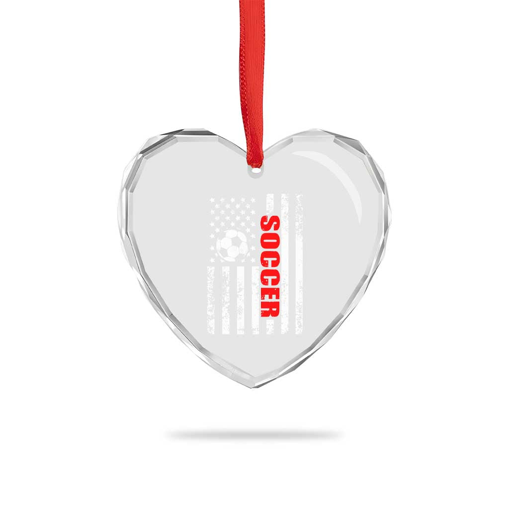 Distressed USA Flag Soccer Player Heart Crystal Glass Ornament Patriotic American Football Lover