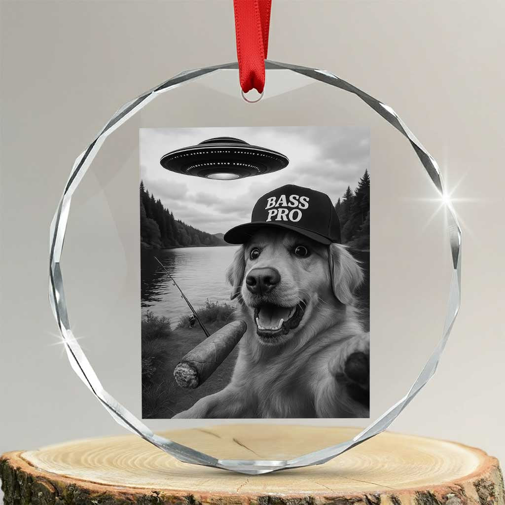Dog Selfie With Alien UFO Crystal Glass Ornament Funny Fishing Golden Retriever Smoking Dog Lover - Wonder Print Shop