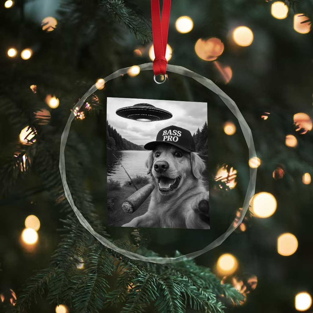 Dog Selfie With Alien UFO Crystal Glass Ornament Funny Fishing Golden Retriever Smoking Dog Lover TS10