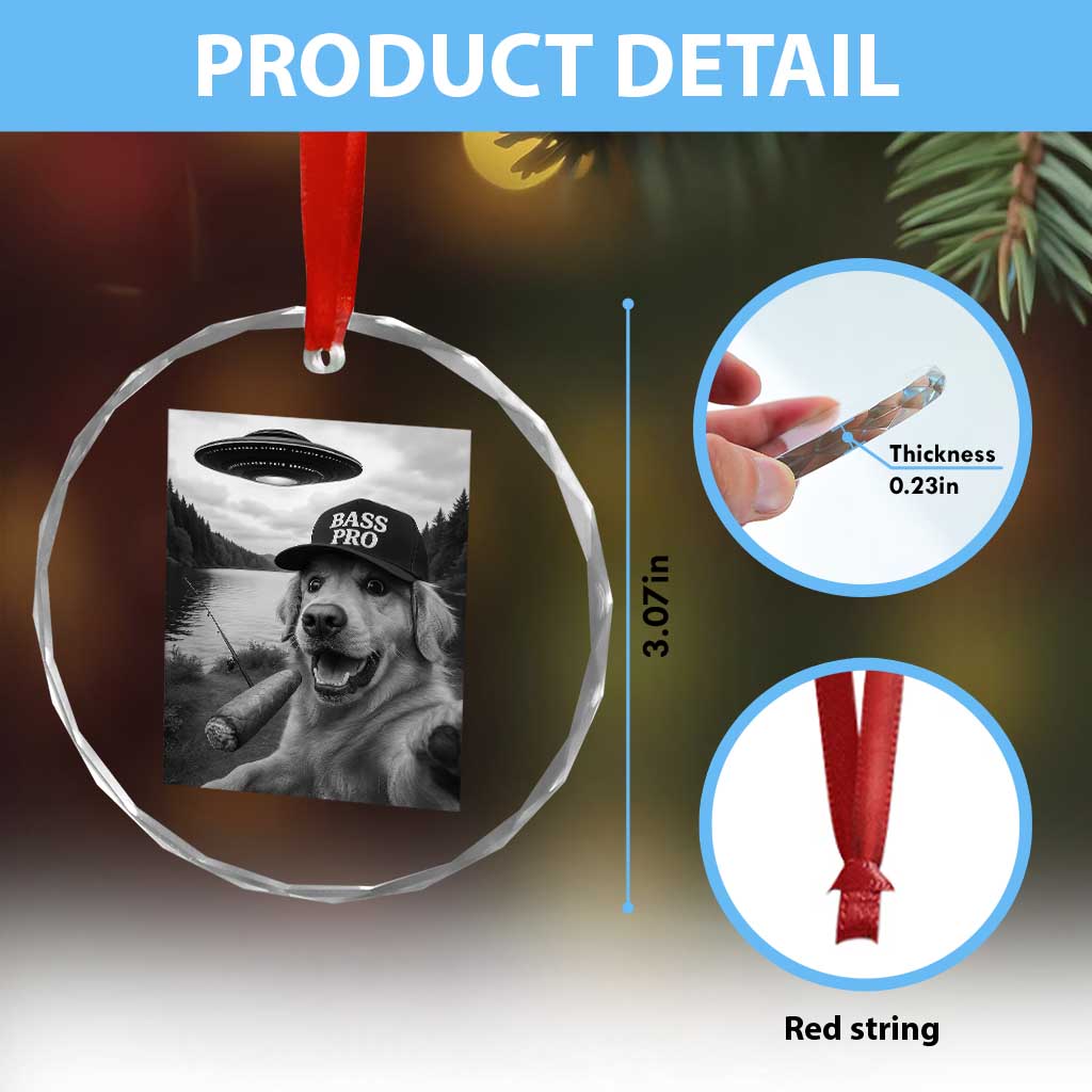 Dog Selfie With Alien UFO Crystal Glass Ornament Funny Fishing Golden Retriever Smoking Dog Lover TS10