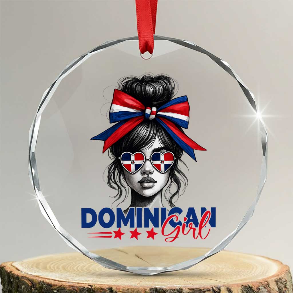 Dominican Girl Crystal Glass Ornament Messy Bun Caribbean Dominican Republic DR Flag - Wonder Print Shop