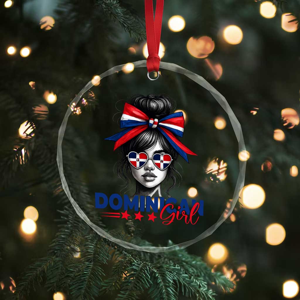 Dominican Girl Crystal Glass Ornament Messy Bun Caribbean Dominican Republic DR Flag - Wonder Print Shop