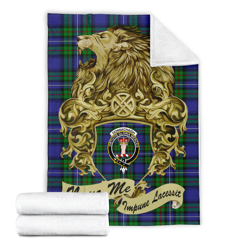 donnachaidh-tartan-premium-blanket-motto-nemo-me-impune-lacessit-with-vintage-lion-family-crest-tartan-plaid-blanket-vintage-style