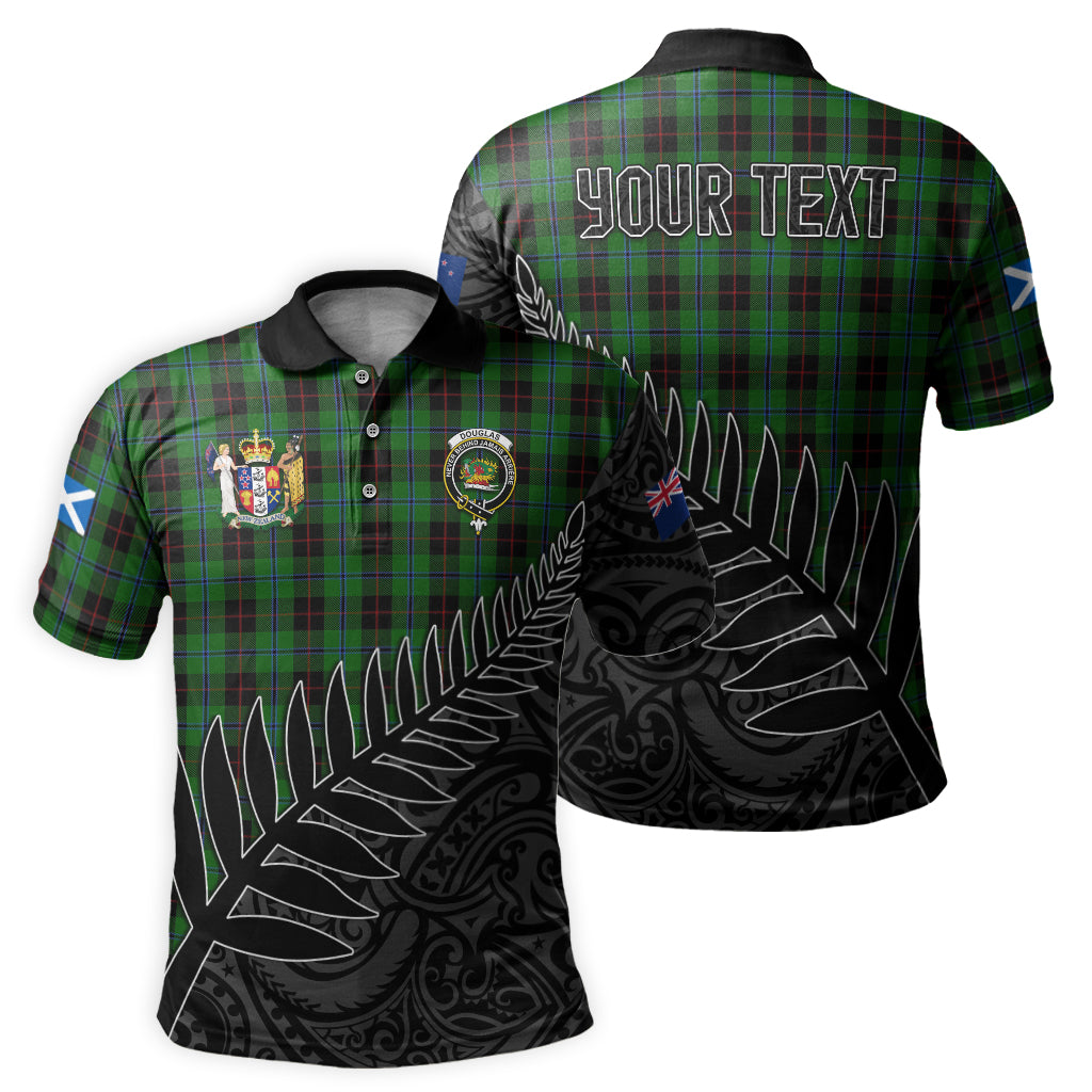 douglas-black-tartan-family-crest-golf-shirt-with-fern-leaves-and-coat-of-arm-of-new-zealand-personalized-your-name-scottish-tatan-polo-shirt