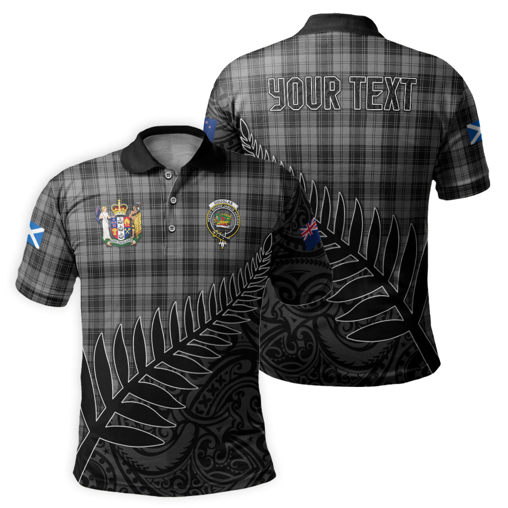 douglas-grey-tartan-family-crest-golf-shirt-with-fern-leaves-and-coat-of-arm-of-new-zealand-personalized-your-name-scottish-tatan-polo-shirt