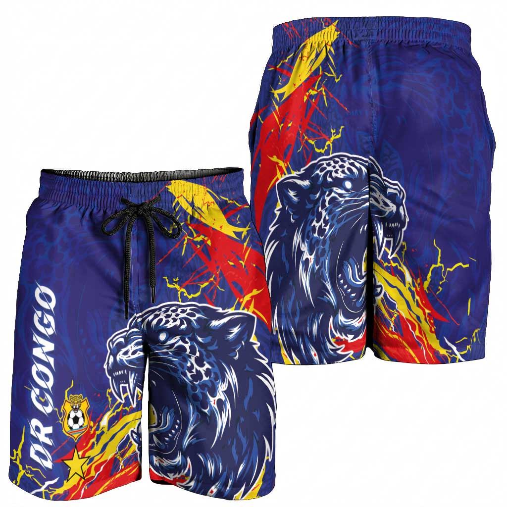 DR Congo Football Leopard Mascot Shorts for Men Fierce Leopard Art National Flag Colors