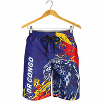 DR Congo Football Leopard Mascot Shorts for Men Fierce Leopard Art National Flag Colors
