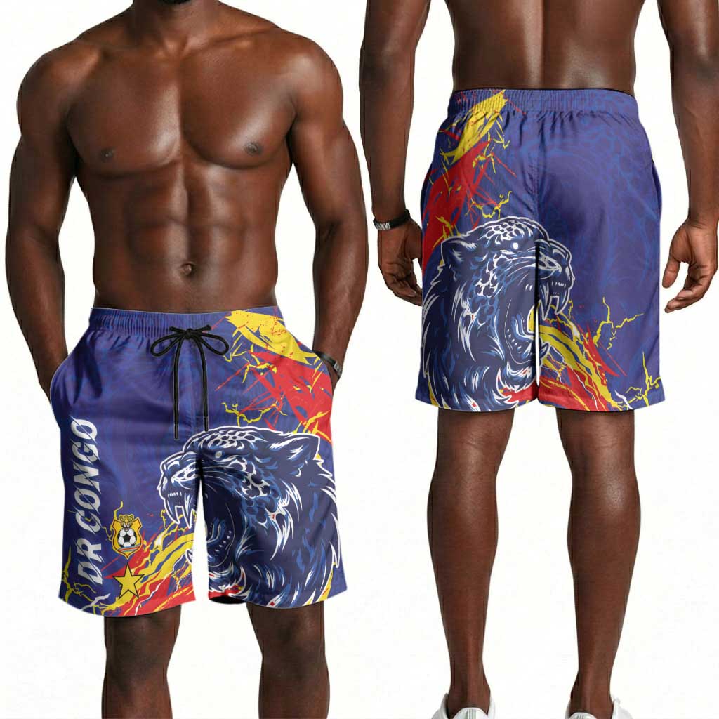 DR Congo Football Leopard Mascot Shorts for Men Fierce Leopard Art National Flag Colors