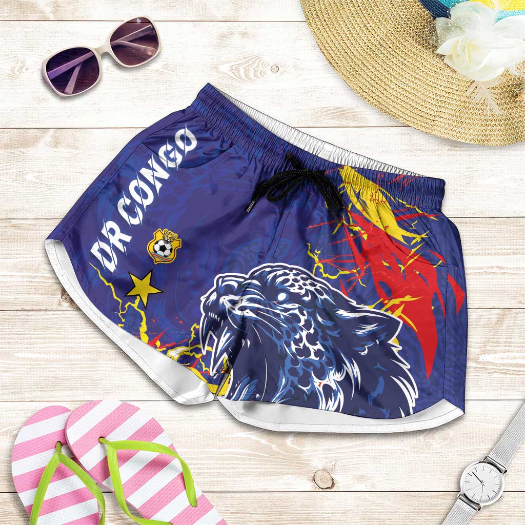 DR Congo Football Leopard Mascot Shorts for Women Fierce Leopard Art National Flag Colors