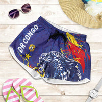 DR Congo Football Leopard Mascot Shorts for Women Fierce Leopard Art National Flag Colors