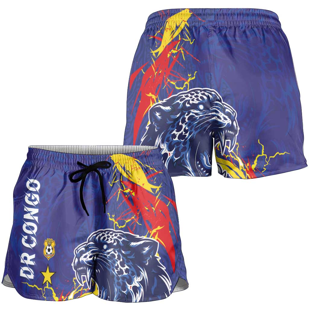 DR Congo Football Leopard Mascot Shorts for Women Fierce Leopard Art National Flag Colors