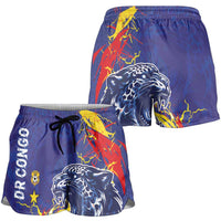 DR Congo Football Leopard Mascot Shorts for Women Fierce Leopard Art National Flag Colors