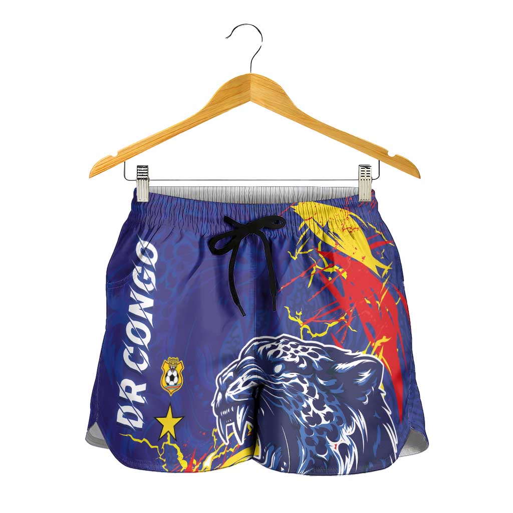 DR Congo Football Leopard Mascot Shorts for Women Fierce Leopard Art National Flag Colors