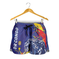 DR Congo Football Leopard Mascot Shorts for Women Fierce Leopard Art National Flag Colors