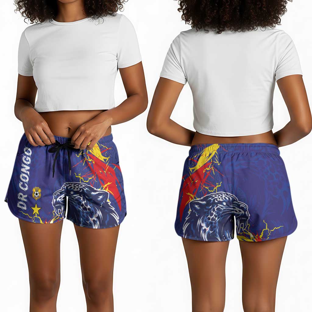 DR Congo Football Leopard Mascot Shorts for Women Fierce Leopard Art National Flag Colors