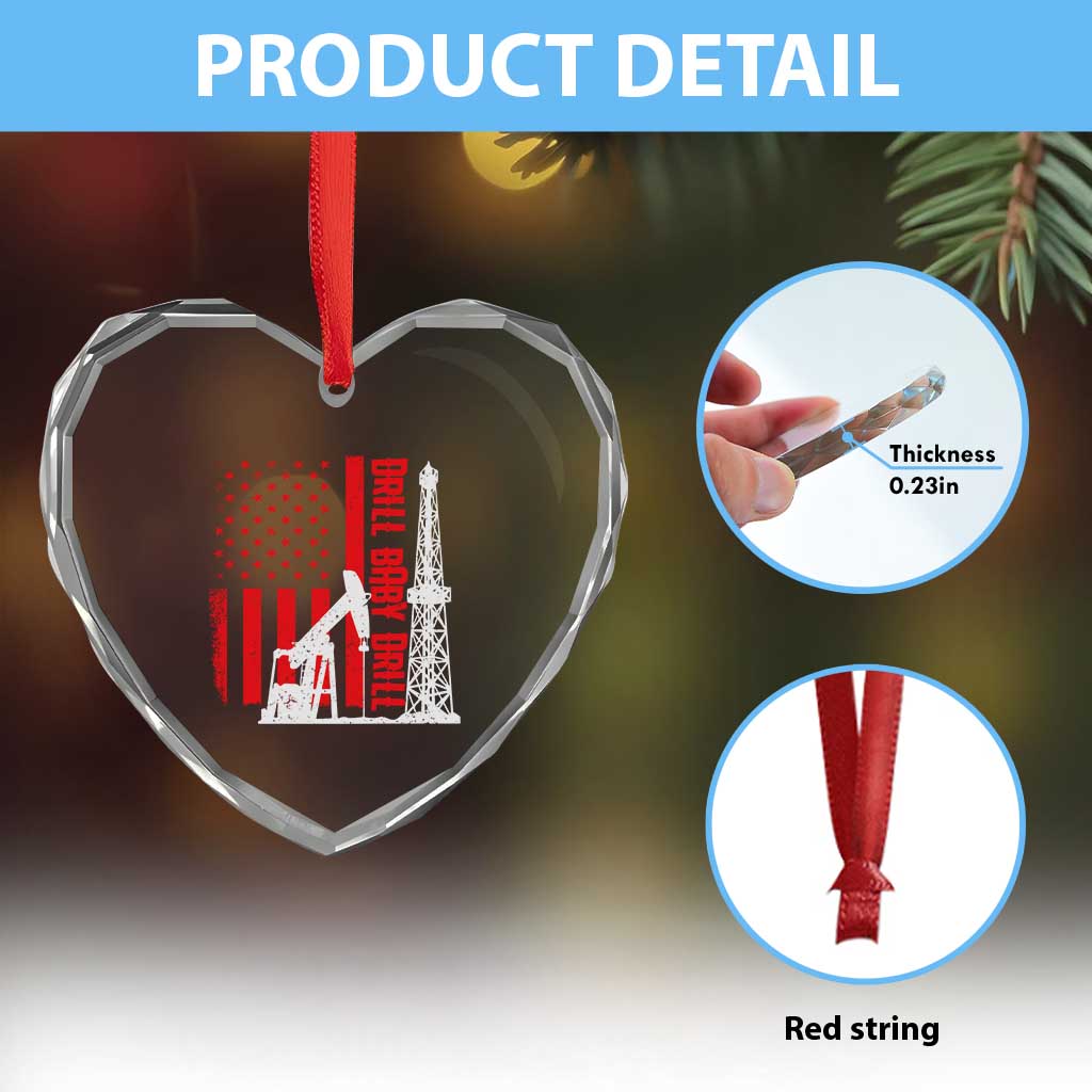 Drill Baby Drill American Flag Heart Crystal Glass Ornament Distressed Oil Rig Oildfield Energy Industry - Wonder Print Shop