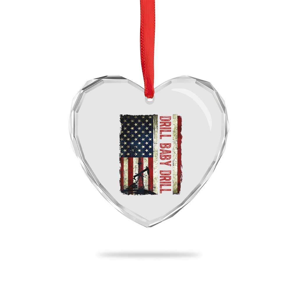 Drill Baby Drill American Flag Heart Crystal Glass Ornament Oil Rig Oildfield Energy Industry Patriot - Wonder Print Shop
