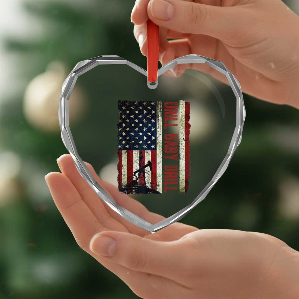 Drill Baby Drill American Flag Heart Crystal Glass Ornament Oil Rig Oildfield Energy Industry Patriot - Wonder Print Shop