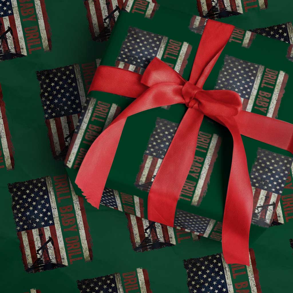 Drill Baby Drill American Flag Wrapping Paper Roll Oil Rig Oildfield Energy Industry Patriot - Wonder Print Shop