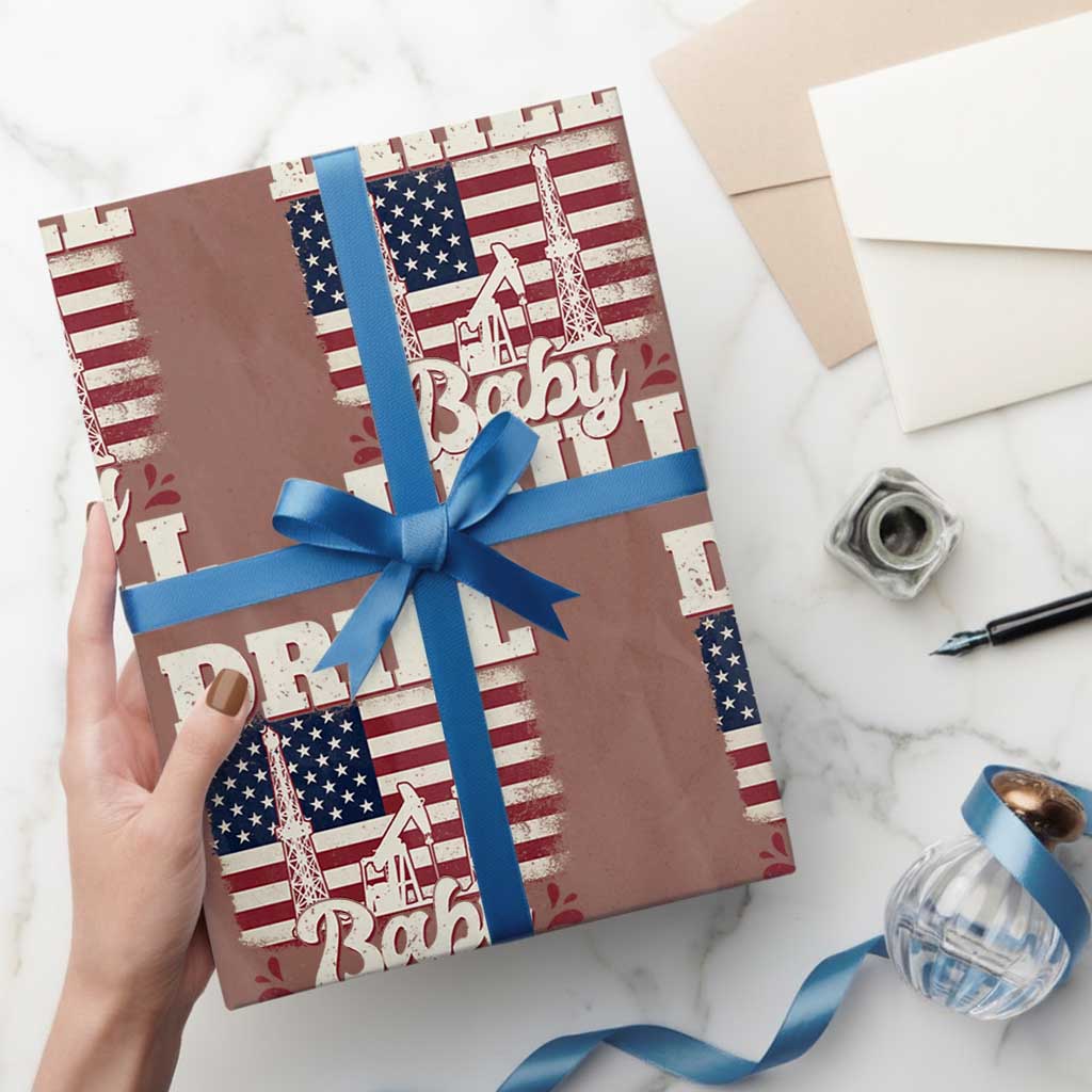Drill Baby Drill American Flag Wrapping Paper Roll Retro Oilfield Oil Rig Patriot - Wonder Print Shop