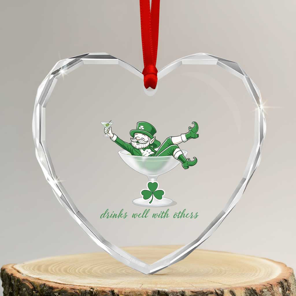 Drink Well With Others Heart Crystal Glass Ornament Funny Leprechaun Drinking Green Beer Shamrock
