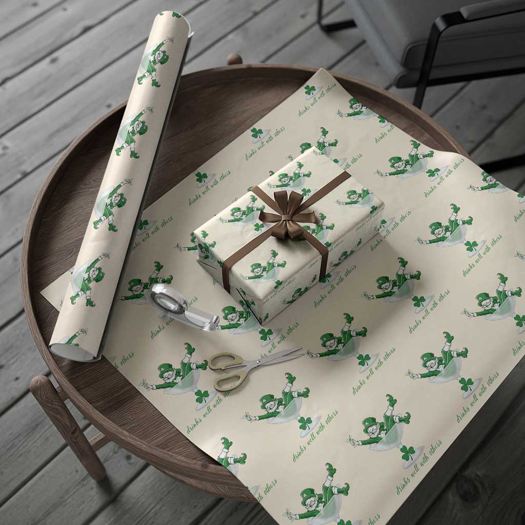 Drink Well With Others Wrapping Paper Roll Funny Leprechaun Drinking Green Beer Shamrock
