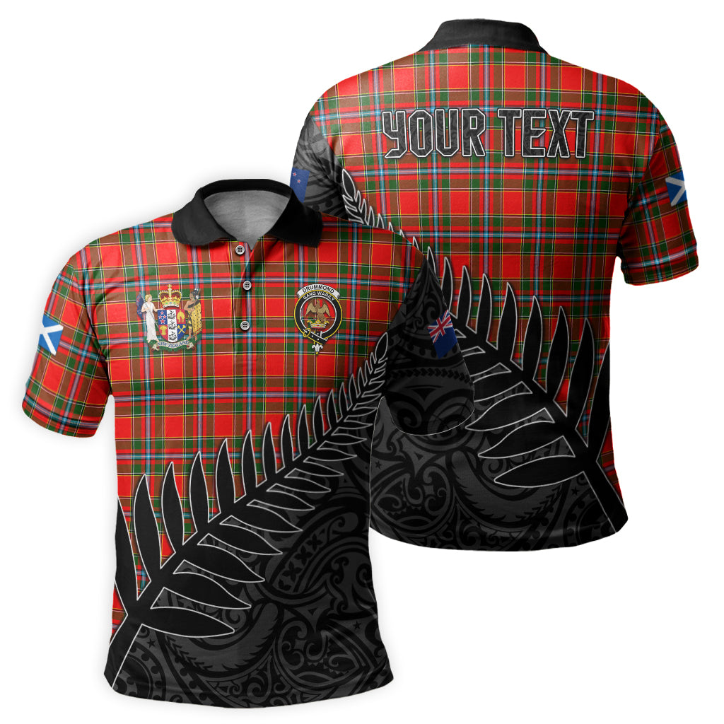 drummond-of-perth-tartan-family-crest-golf-shirt-with-fern-leaves-and-coat-of-arm-of-new-zealand-personalized-your-name-scottish-tatan-polo-shirt