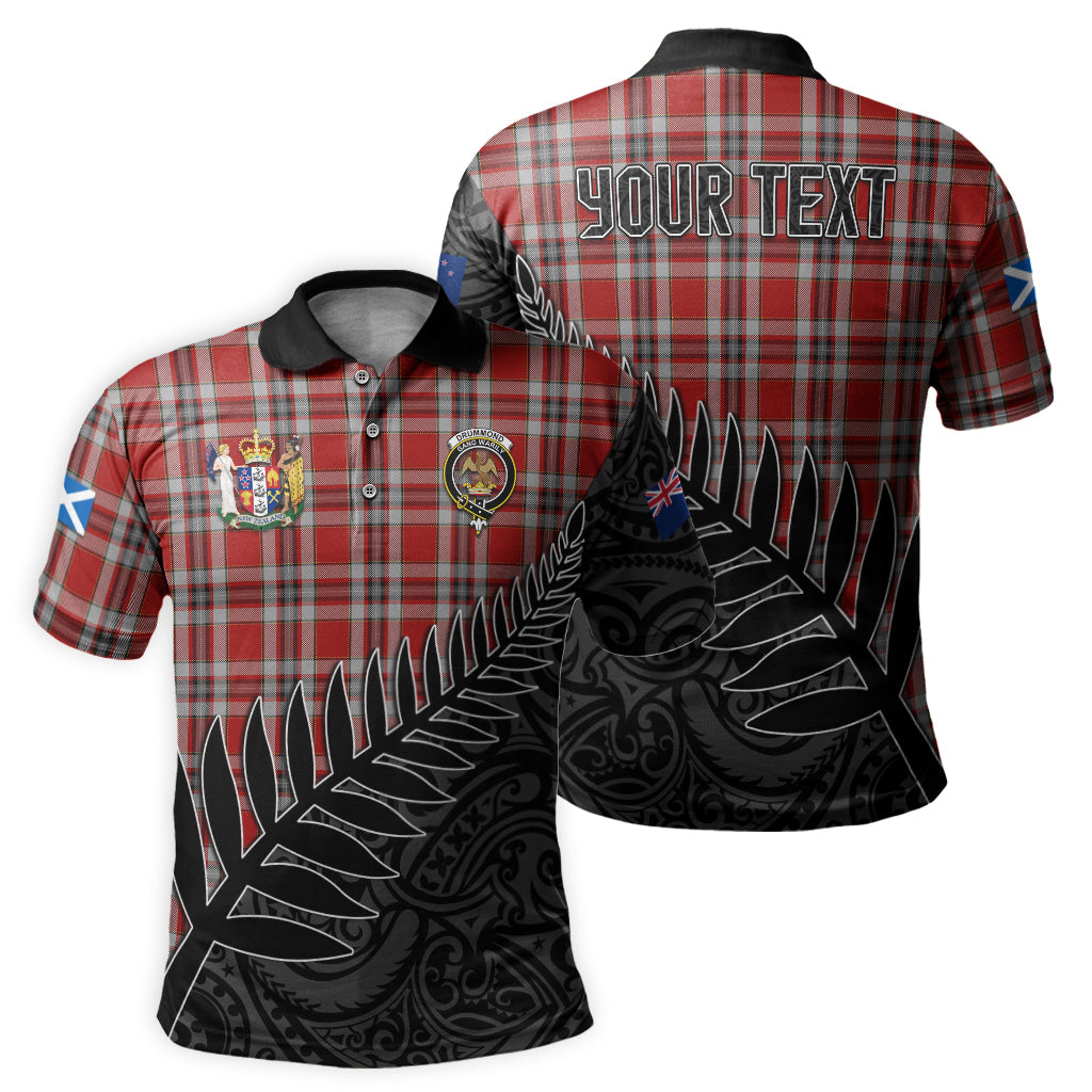 drummond-of-perth-dress-tartan-family-crest-golf-shirt-with-fern-leaves-and-coat-of-arm-of-new-zealand-personalized-your-name-scottish-tatan-polo-shirt