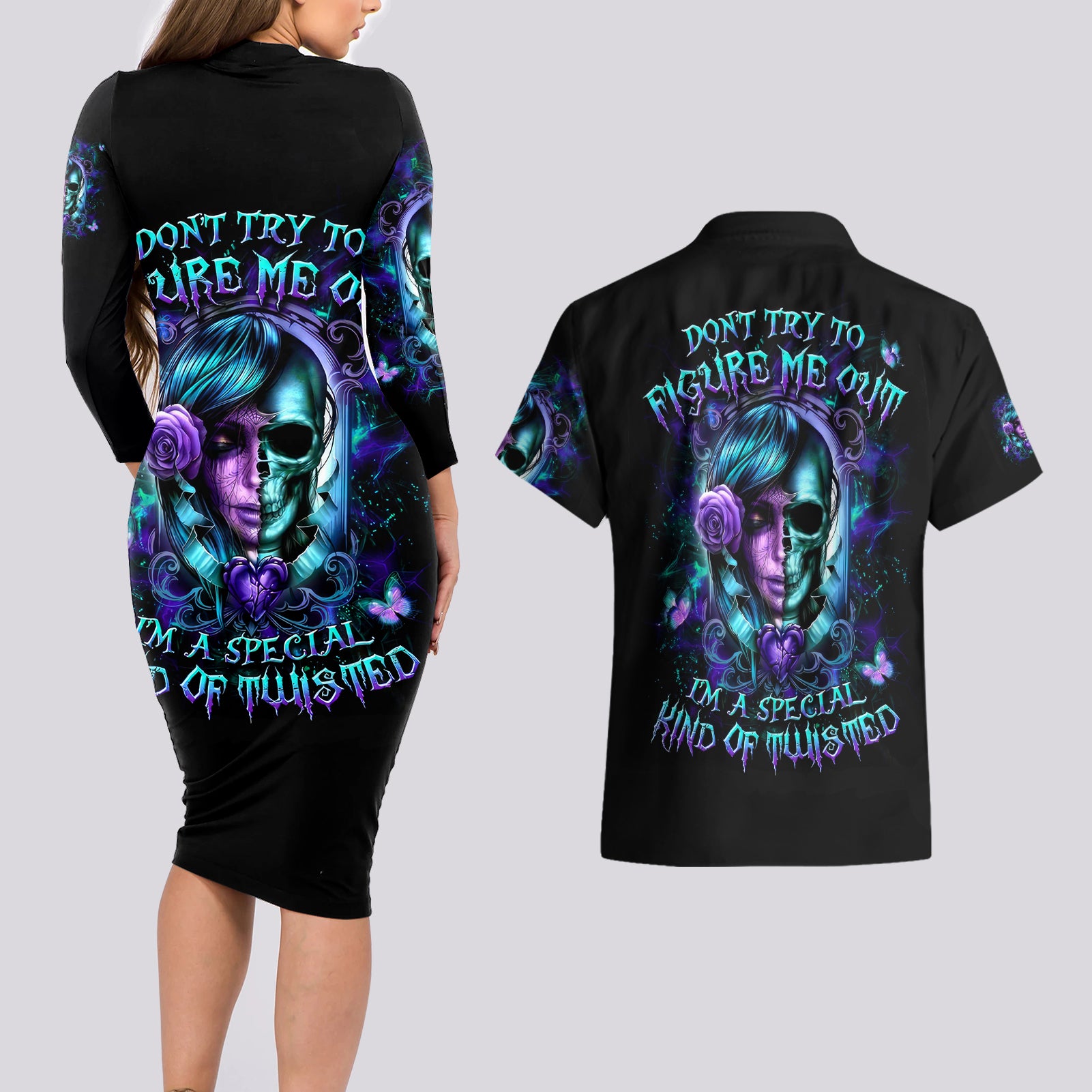 Lady Skull Couples Matching Long Sleeve Bodycon Dress and Hawaiian Shirt Don't Try To Figure Me Out I'm A Special Kind Of Twisted - Wonder Print Shop