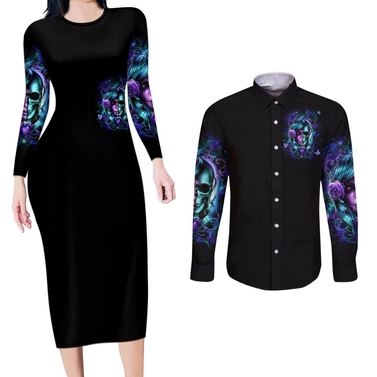 Lady Skull Couples Matching Long Sleeve Bodycon Dress and Long Sleeve Button Shirt Don't Try To Figure Me Out I'm A Special Kind Of Twisted - Wonder Print Shop