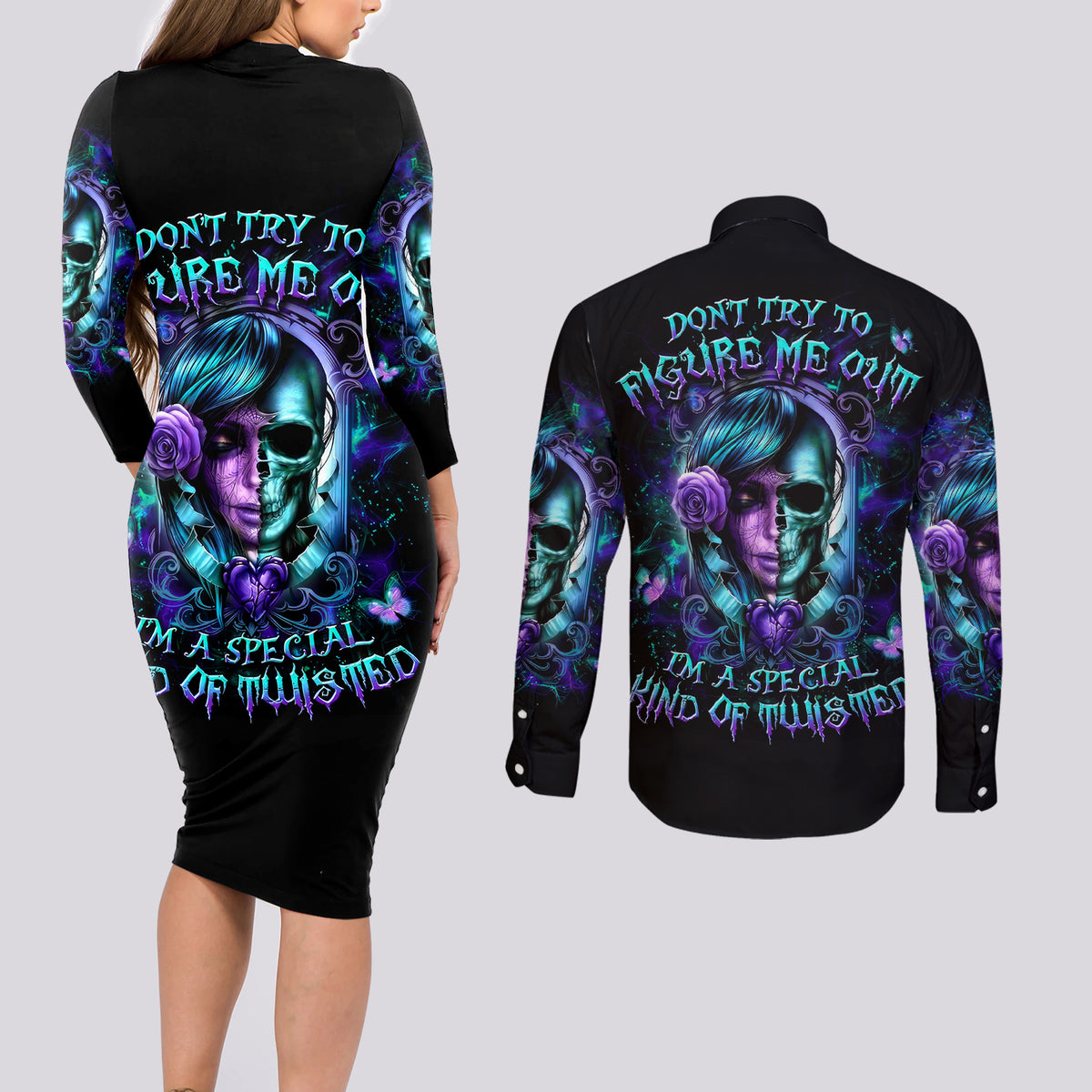 Lady Skull Couples Matching Long Sleeve Bodycon Dress and Long Sleeve Button Shirt Don't Try To Figure Me Out I'm A Special Kind Of Twisted - Wonder Print Shop