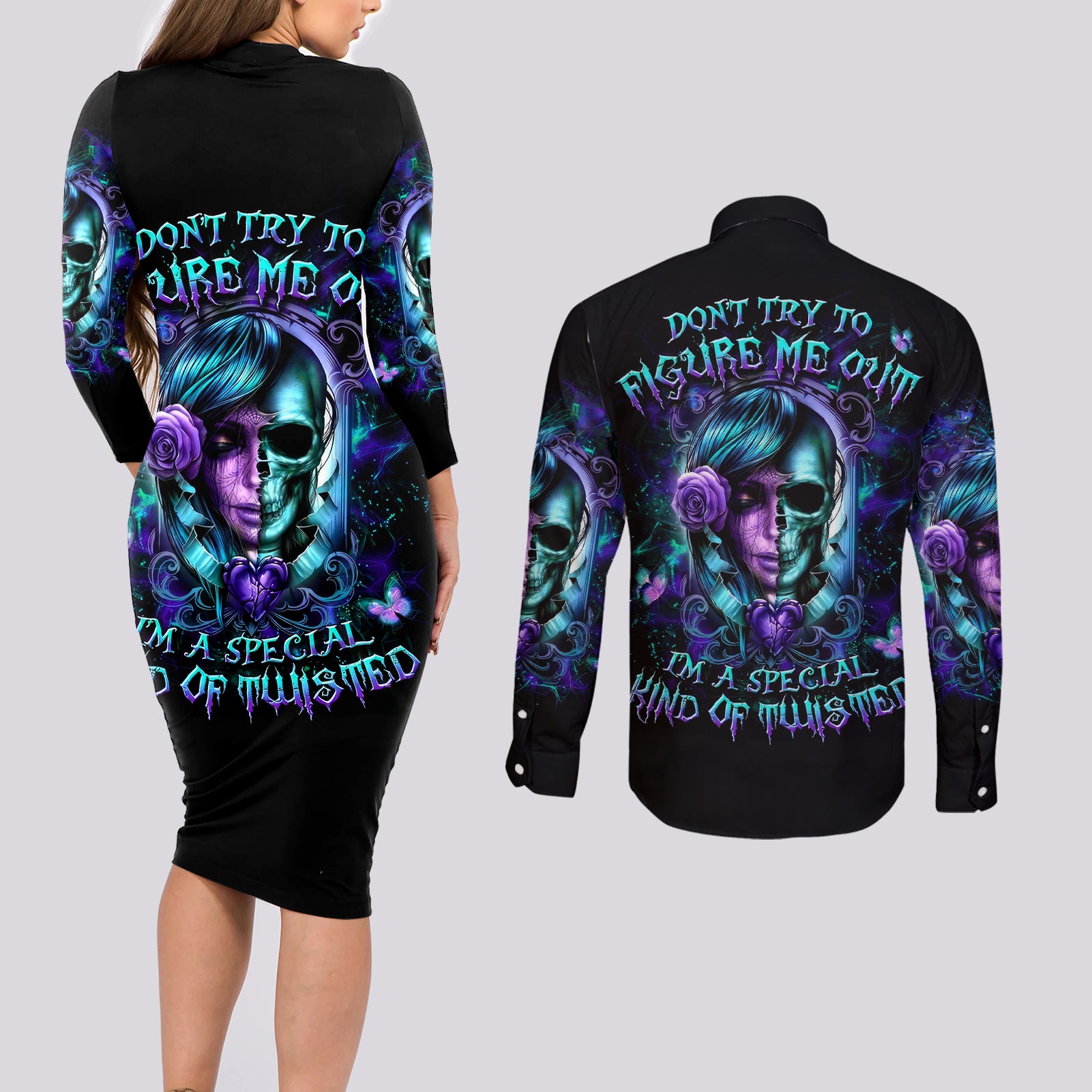Lady Skull Couples Matching Long Sleeve Bodycon Dress and Long Sleeve Button Shirt Don't Try To Figure Me Out I'm A Special Kind Of Twisted - Wonder Print Shop