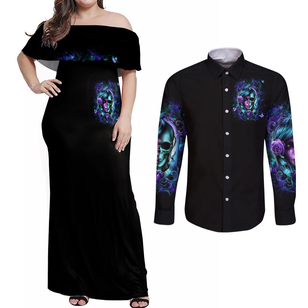 Lady Skull Couples Matching Off Shoulder Maxi Dress and Long Sleeve Button Shirt Don't Try To Figure Me Out I'm A Special Kind Of Twisted - Wonder Print Shop