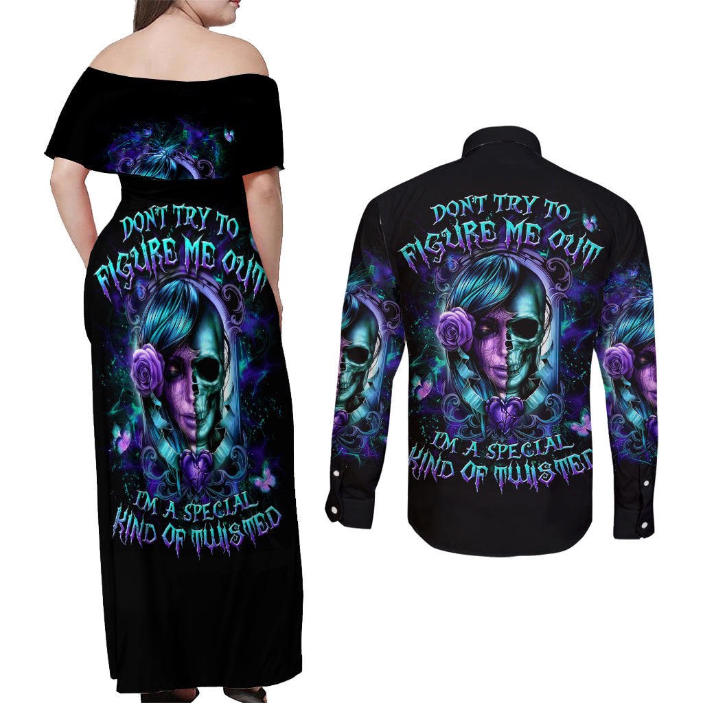 Lady Skull Couples Matching Off Shoulder Maxi Dress and Long Sleeve Button Shirt Don't Try To Figure Me Out I'm A Special Kind Of Twisted - Wonder Print Shop