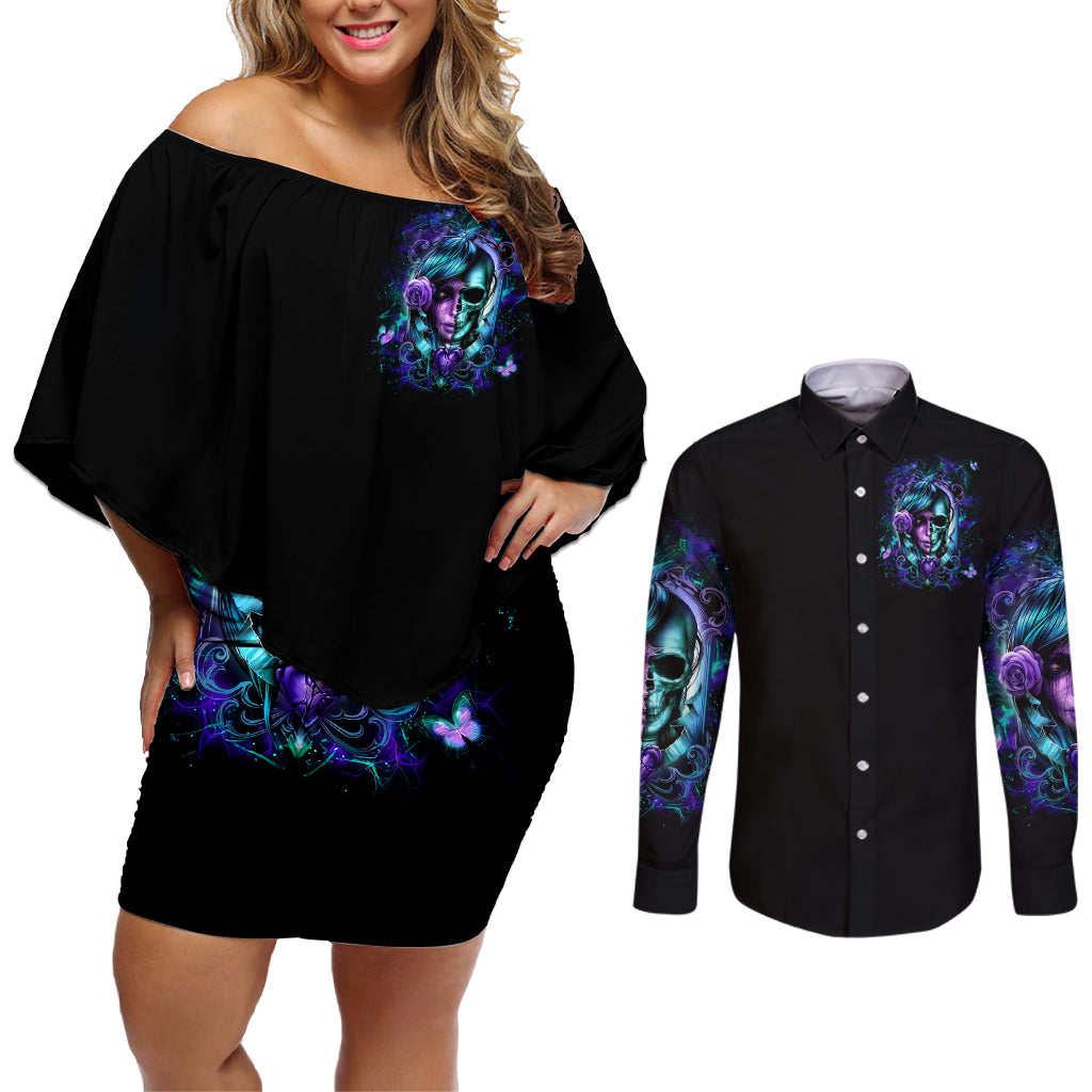 Lady Skull Couples Matching Off Shoulder Short Dress and Long Sleeve Button Shirt Don't Try To Figure Me Out I'm A Special Kind Of Twisted - Wonder Print Shop
