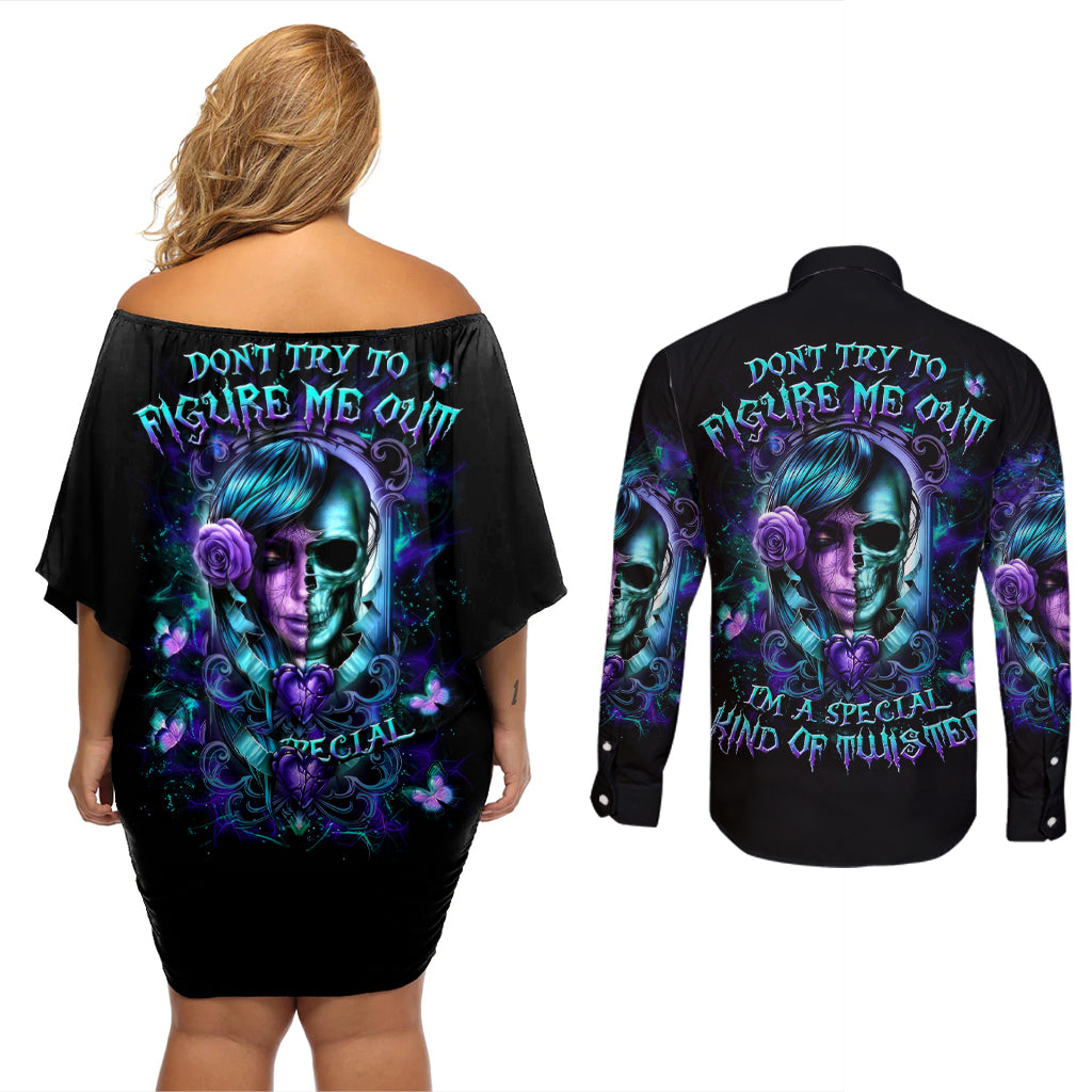 Lady Skull Couples Matching Off Shoulder Short Dress and Long Sleeve Button Shirt Don't Try To Figure Me Out I'm A Special Kind Of Twisted - Wonder Print Shop