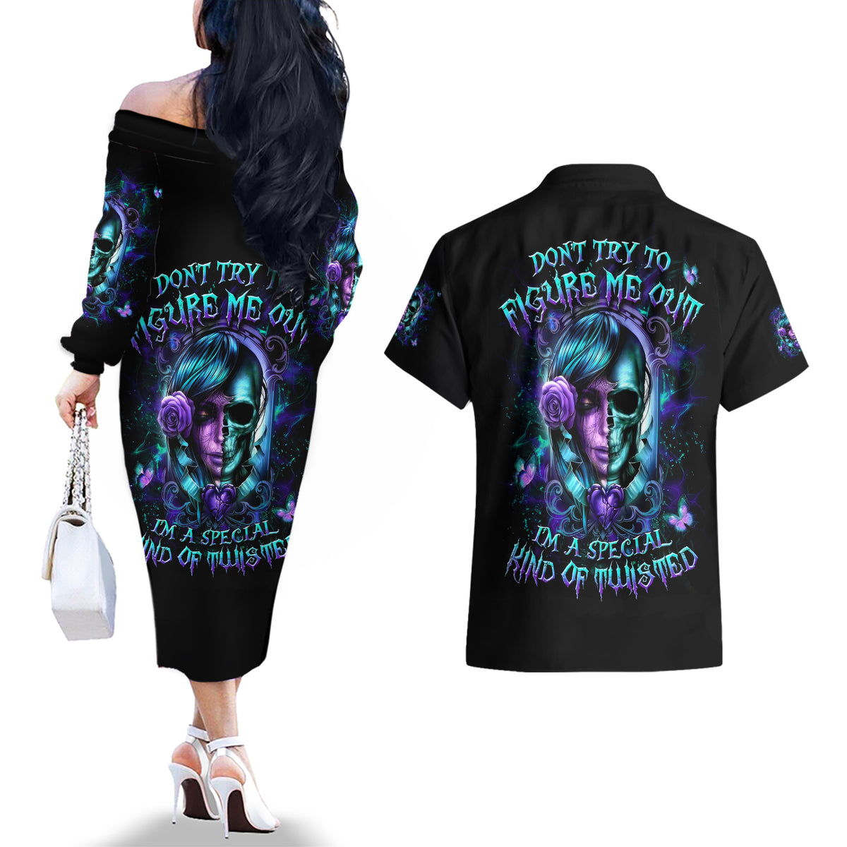 Lady Skull Couples Matching Off The Shoulder Long Sleeve Dress and Hawaiian Shirt Don't Try To Figure Me Out I'm A Special Kind Of Twisted - Wonder Print Shop
