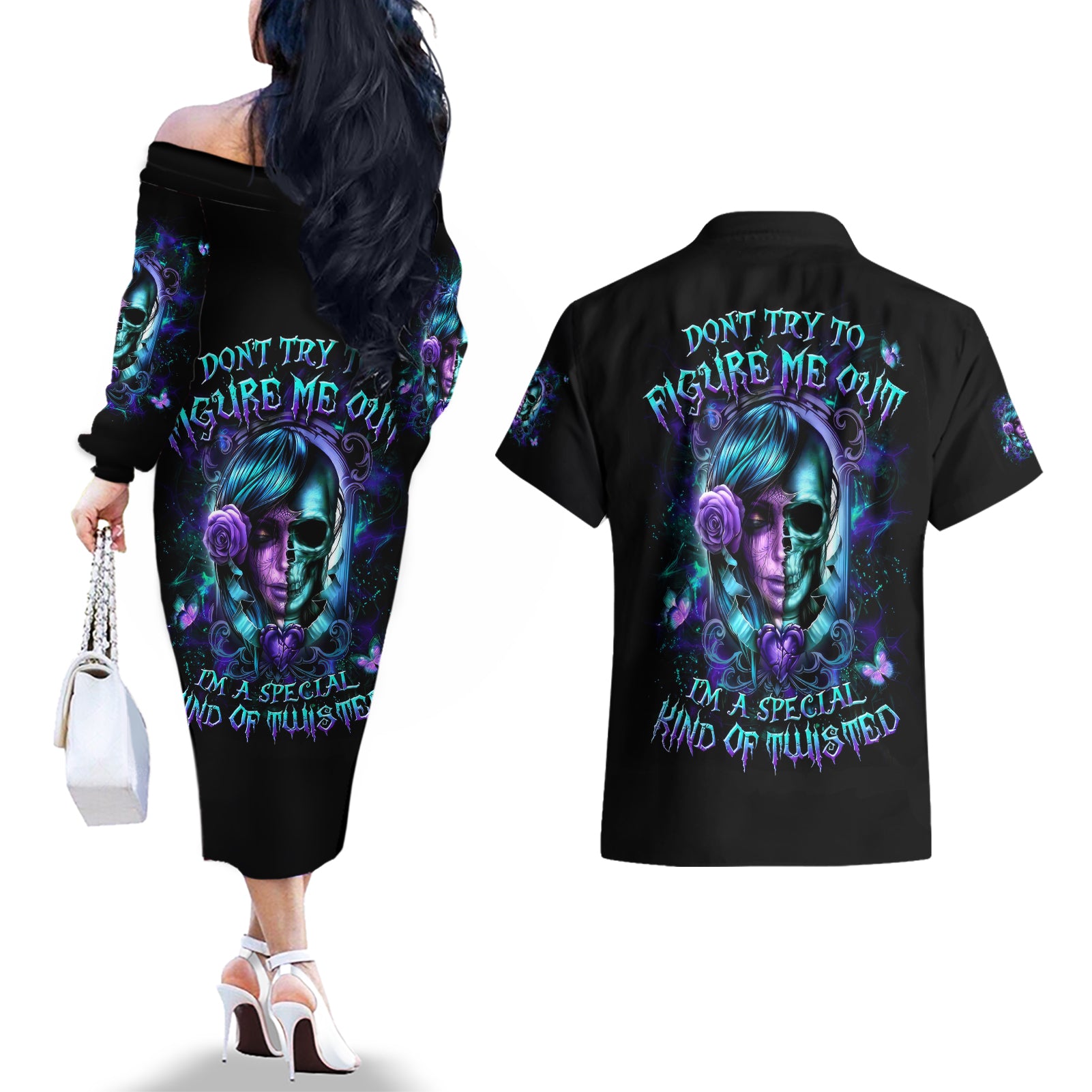 Lady Skull Couples Matching Off The Shoulder Long Sleeve Dress and Hawaiian Shirt Don't Try To Figure Me Out I'm A Special Kind Of Twisted - Wonder Print Shop
