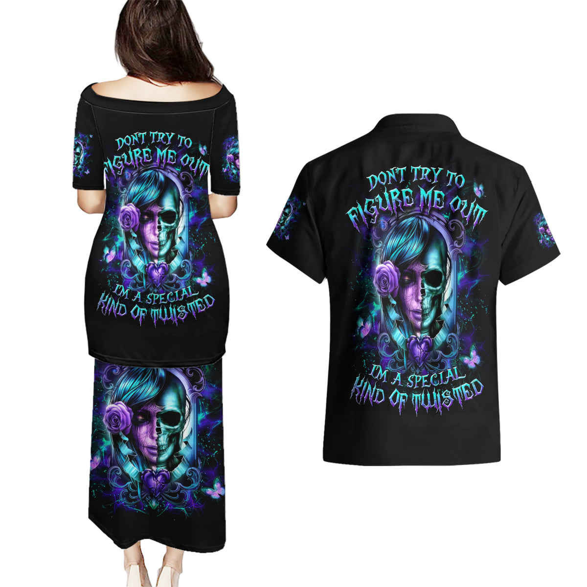 Lady Skull Couples Matching Puletasi and Hawaiian Shirt Don't Try To Figure Me Out I'm A Special Kind Of Twisted - Wonder Print Shop