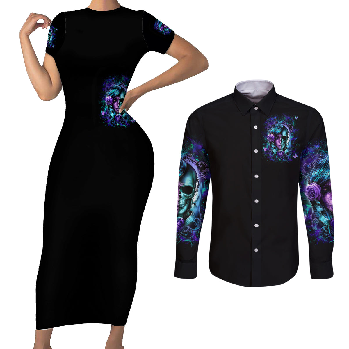 Lady Skull Couples Matching Short Sleeve Bodycon Dress and Long Sleeve Button Shirt Don't Try To Figure Me Out I'm A Special Kind Of Twisted - Wonder Print Shop