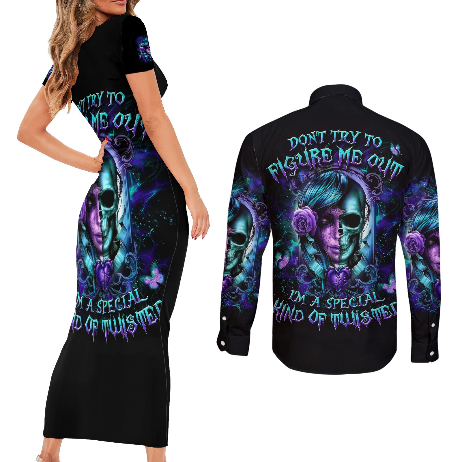 Lady Skull Couples Matching Short Sleeve Bodycon Dress and Long Sleeve Button Shirt Don't Try To Figure Me Out I'm A Special Kind Of Twisted - Wonder Print Shop