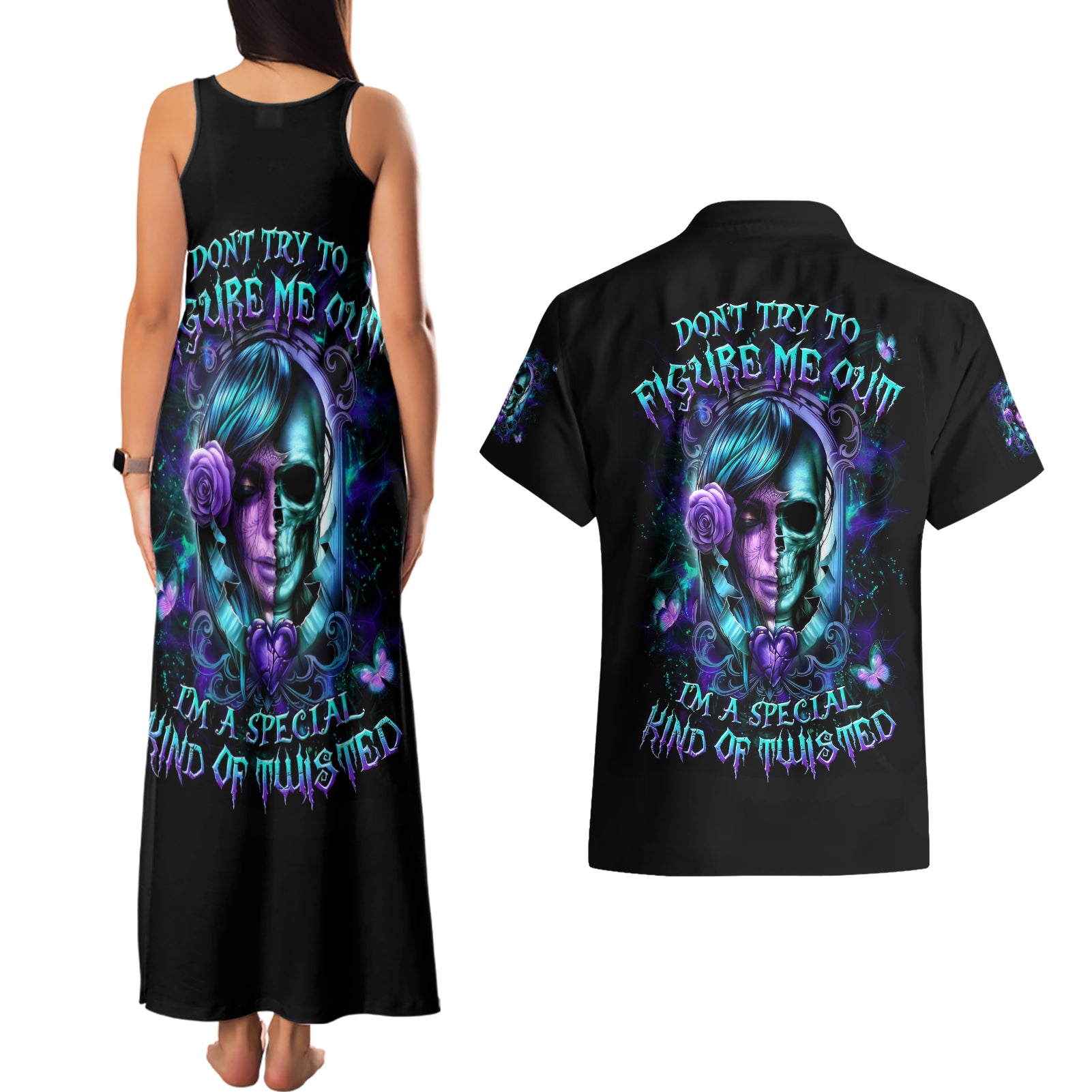 Lady Skull Couples Matching Tank Maxi Dress and Hawaiian Shirt Don't Try To Figure Me Out I'm A Special Kind Of Twisted - Wonder Print Shop