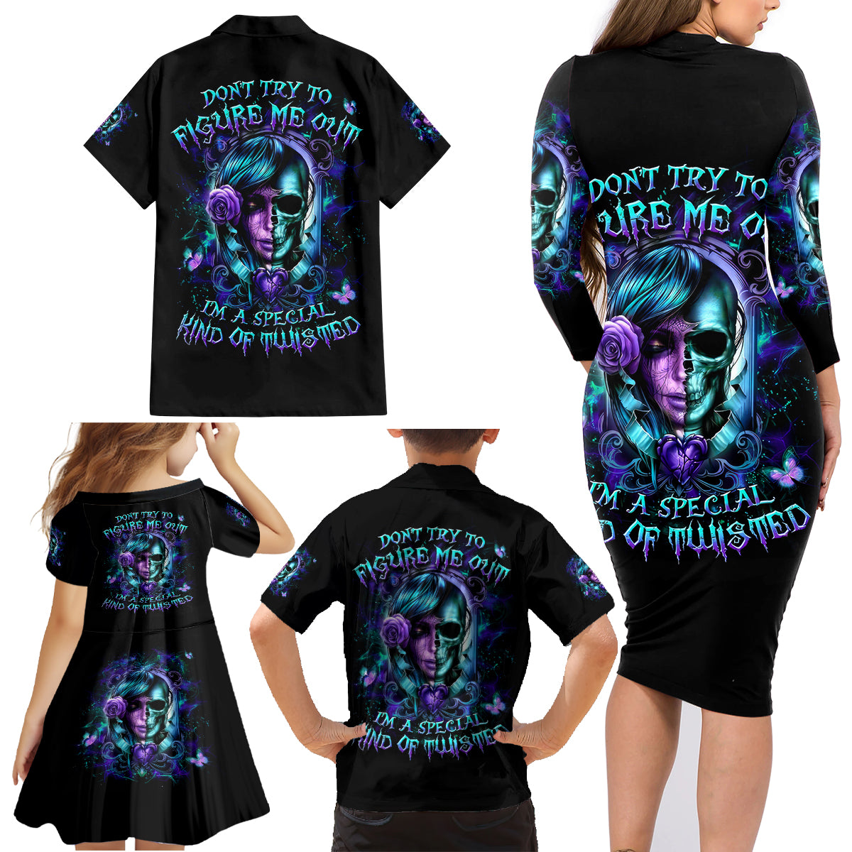 Lady Skull Family Matching Long Sleeve Bodycon Dress and Hawaiian Shirt Don't Try To Figure Me Out I'm A Special Kind Of Twisted - Wonder Print Shop