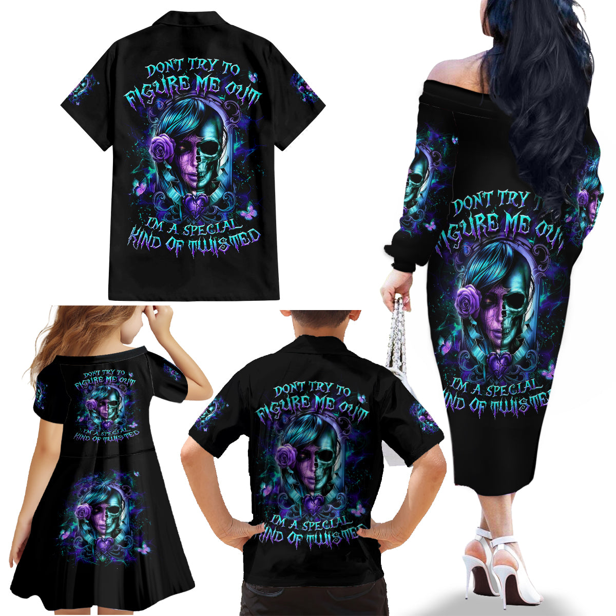 Lady Skull Family Matching Off Shoulder Long Sleeve Dress and Hawaiian Shirt Don't Try To Figure Me Out I'm A Special Kind Of Twisted - Wonder Print Shop