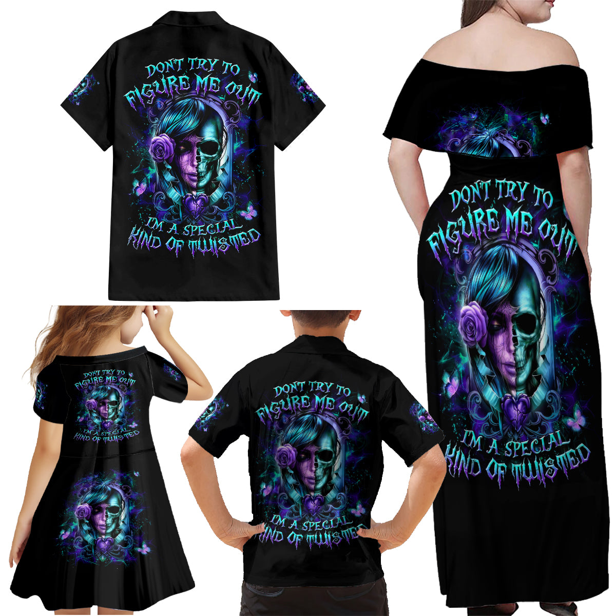 Lady Skull Family Matching Off Shoulder Maxi Dress and Hawaiian Shirt Don't Try To Figure Me Out I'm A Special Kind Of Twisted - Wonder Print Shop