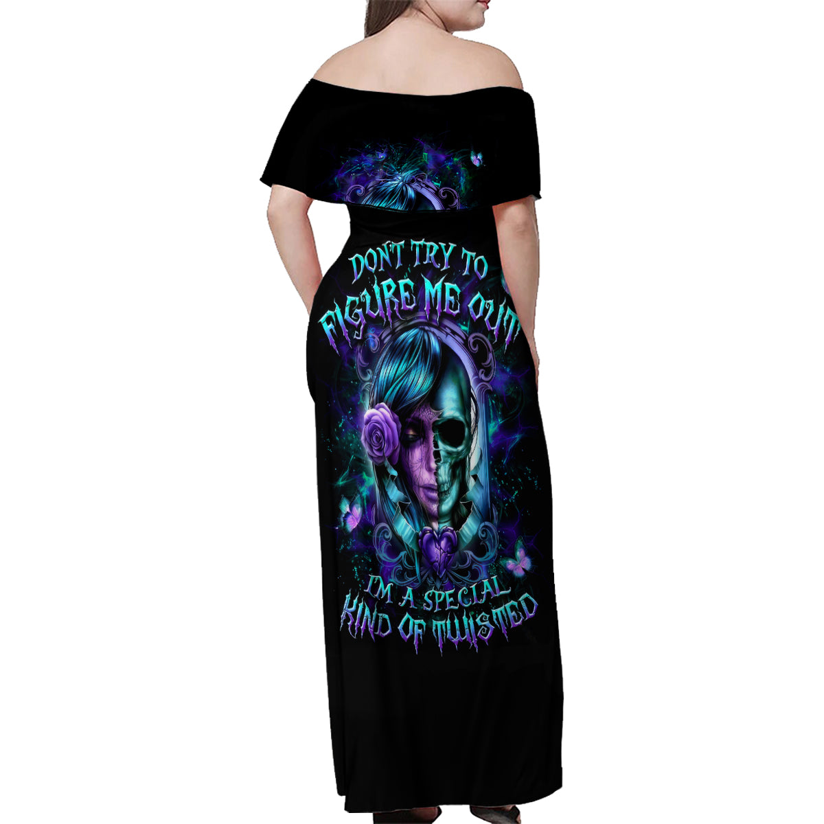 Lady Skull Family Matching Off Shoulder Maxi Dress and Hawaiian Shirt Don't Try To Figure Me Out I'm A Special Kind Of Twisted - Wonder Print Shop
