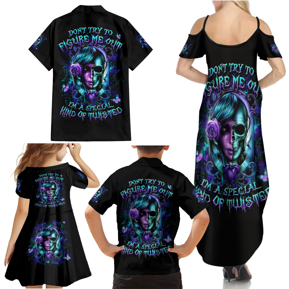 Lady Skull Family Matching Summer Maxi Dress and Hawaiian Shirt Don't Try To Figure Me Out I'm A Special Kind Of Twisted - Wonder Print Shop